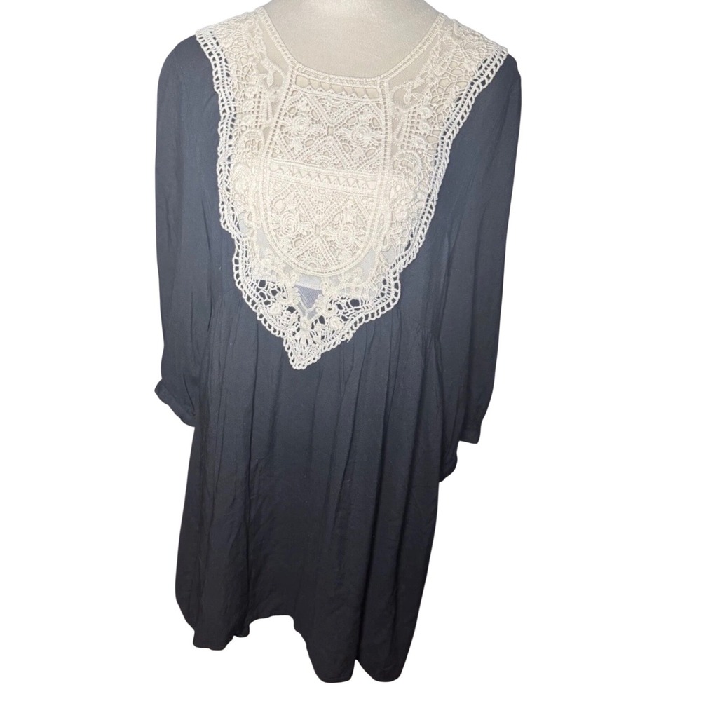 Umgee Black Cream Crochet Lace Dress Large Bohemian Peasant Style Babydoll Tunic